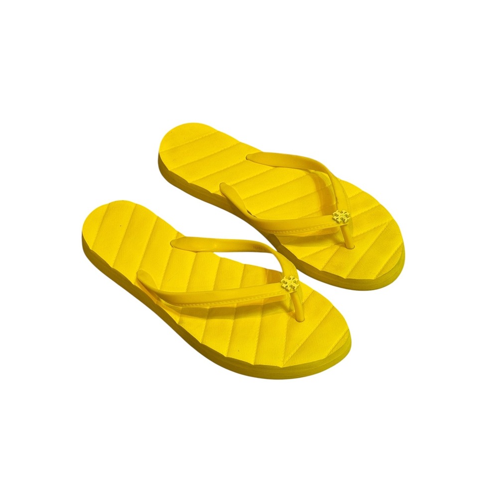 Tory Burch Yellow Quilted Texture Flip Flops Double T Logo Sandals Women Size 9